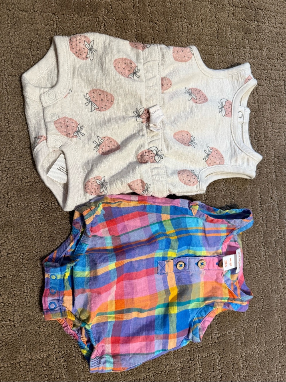 Carter's White Strawberry Print Romper & Multicolor Plaid One-Piece Set